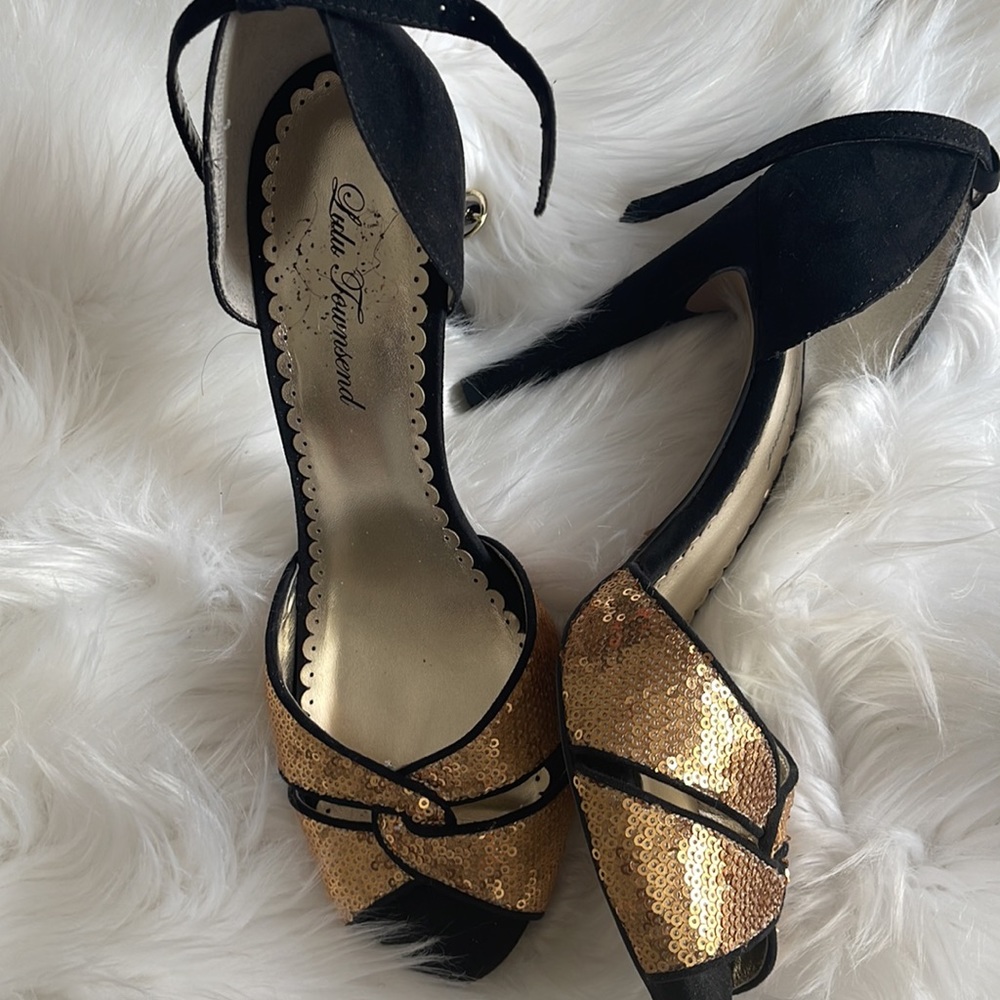 Dressy gold and black suede shoes